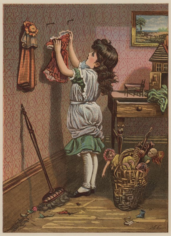 Tyttö ripustaa nuken vaatteita (chromolitho) tekijältä Mary Ellen Edwards