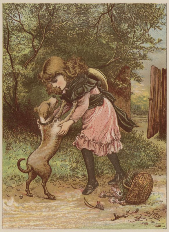 Tyttö leikkii koiran kanssa (chromolitho) tekijältä Mary Ellen Edwards