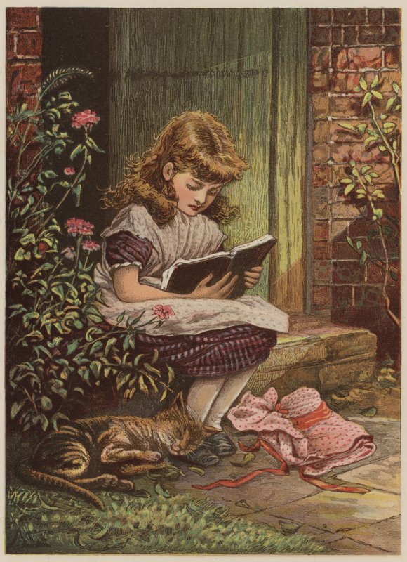 Tyttö lukee (chromolitho) tekijältä Mary Ellen Edwards