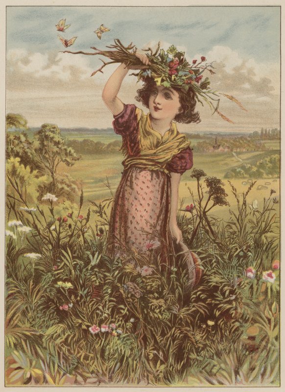 Tyttö kukilla ja perhosilla (chromolitho) tekijältä Mary Ellen Edwards