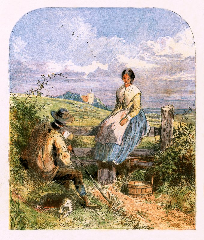 Kuvitus "Autioitu kylä" tekijältä Myles Birket Foster