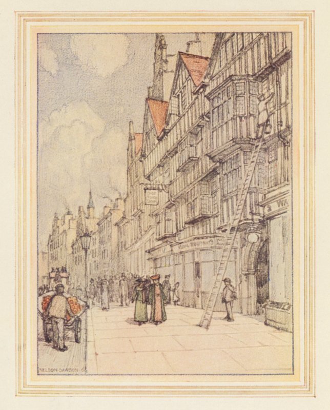 Staple Inn (värillinen litografia) tekijältä Nelson Dawson