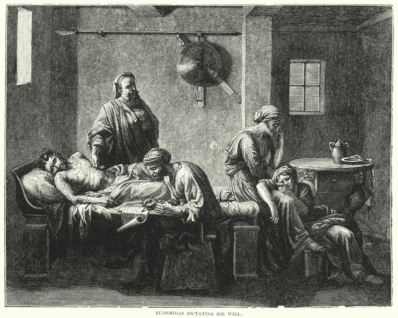 Eudemidas sanelemassa testamenttiaan (kaiverrus) tekijältä Nicolas (after) Poussin