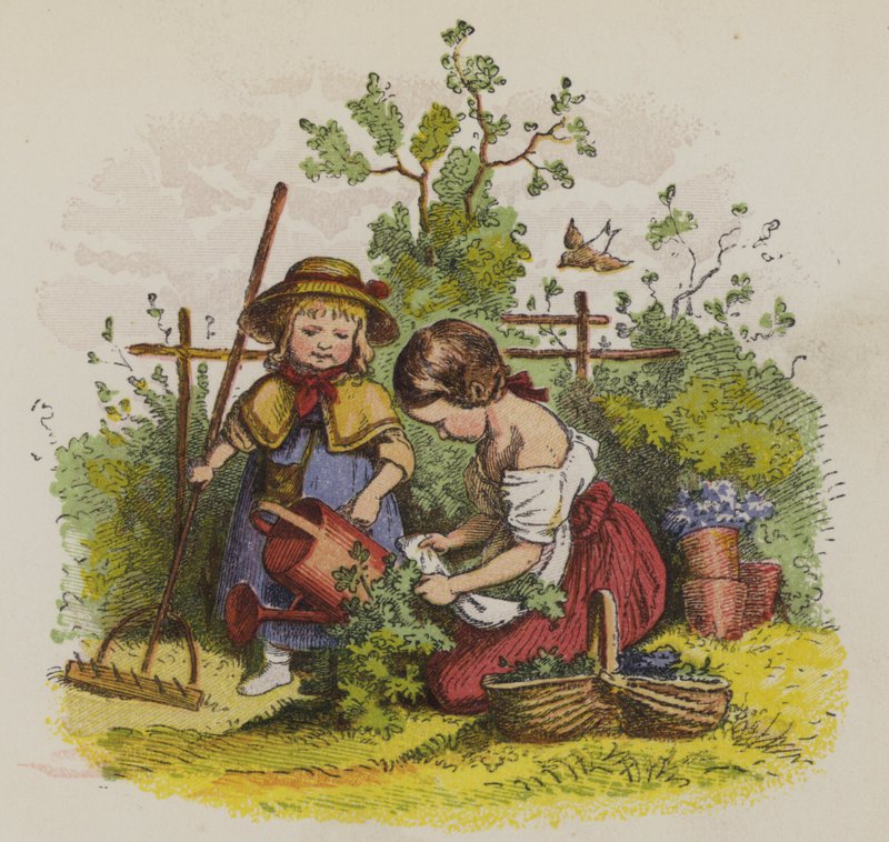 Kaksi tyttöä puutarhanhoitoa (väri litho) tekijältä Oskar Pletsch