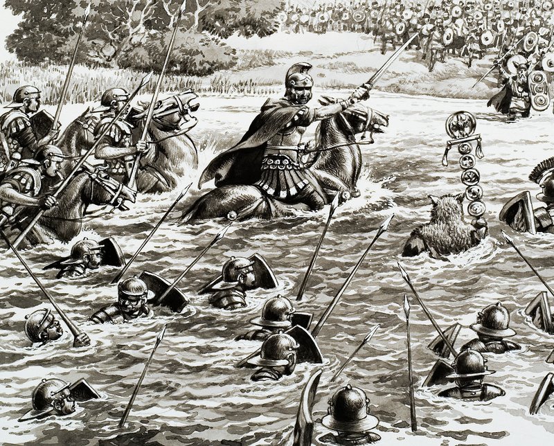 Caesarin legioonat ylittävät Thamesin. tekijältä Pat (1907 95) Nicolle