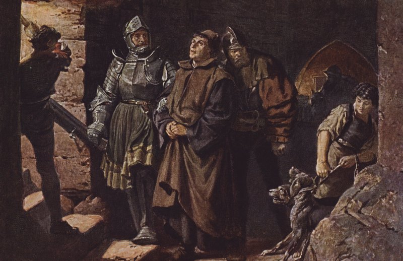 Hans von Berlepsch ja Burckhardt Hund von Wenckheim saattavat Martin Lutherin Wartburgin linnaan. tekijältä Friedrich Paul Thumann
