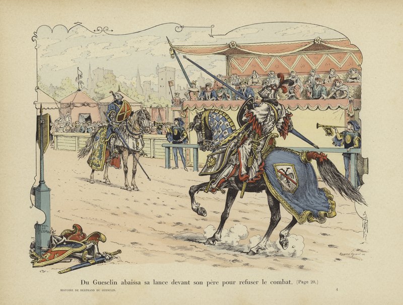 Bertrand du Guesclin laskee keihänsä isänsä eteen ilmaistakseen hänen kieltäytyvän taistella häntä vastaan, Rennes, 1337 tekijältä Paul de Semant