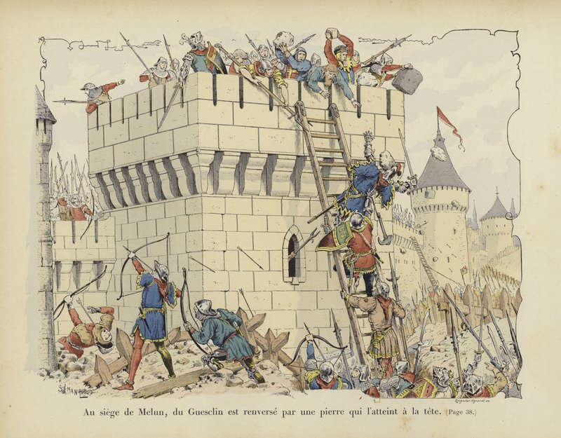 Bertrand du Guesclin osui kivellä päähän Melunin piirityksessä, 1359 tekijältä Paul de Semant