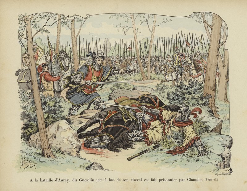 Bertrand du Guesclin heitti hevosensa ja vangittiin Sir John Chandosin toimesta, Aurayn taistelu, 1364 tekijältä Paul de Semant