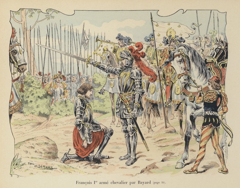 Ranskan kuningas Francis I, jonka Chevalier de Bayard valitsi ritariksi Marignanon taistelun jälkeen, Italia, 1515 tekijältä Paul de Semant