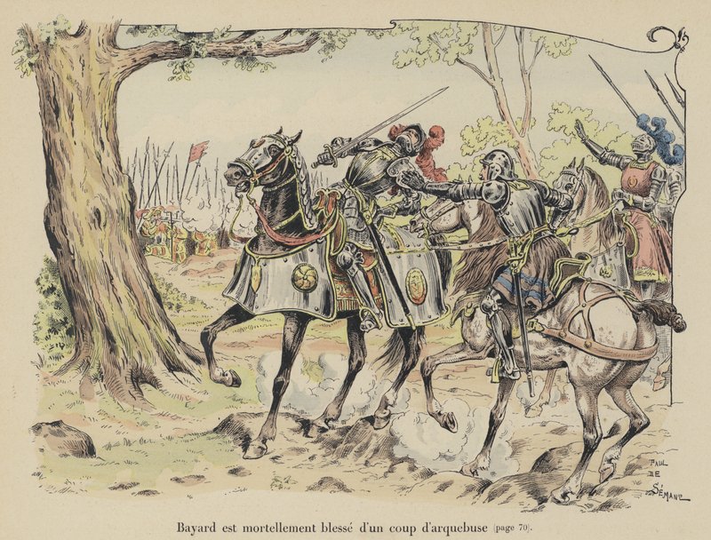 Chevalier de Bayard haavoittui kuolettavasti arkebussipallosta Sesian taistelussa Italiassa, 1524 tekijältä Paul de Semant