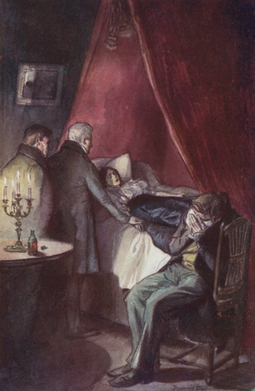 Emma, hänen leukansa painuneena rintaansa vasten, makasi avoimin tuijoin tekijältä Pierre Georges Jeanniot