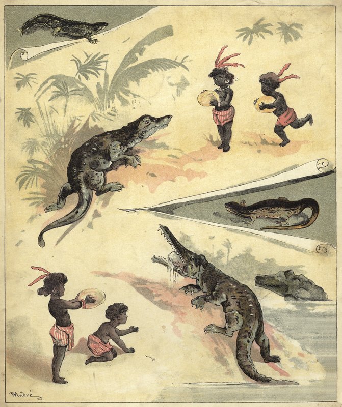 Afrikkalaiset lapset leikkivät krokotiileilla (chromolitho) tekijältä Richard Andre