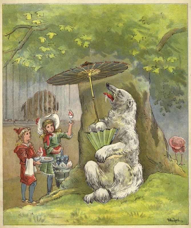 Lapset ruokkivat jääkarhua jäätelökerhoja (chromolitho) tekijältä Richard Andre