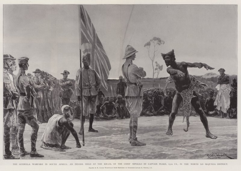 Guerilla Warfare Etelä-Afrikassa, Indaba, jota kapteeni Peake, 65. Imperial Yeomanry, piti Chief Sipolilon Kraalissa Pohjois-Lo Majundan alueella tekijältä Richard Caton Woodville junior