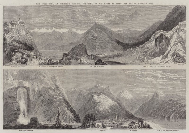 Stereorama Cremornen puutarhassa, panoraama reitistä Italiaan St Gothardin solan kautta. tekijältä Richard Principal Leitch