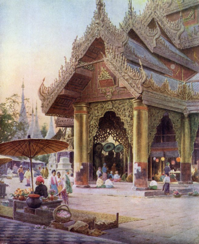 Shwedagon-pagodin pyhäkkö, Rangoon, Burma 1905 tekijältä Robert George Talbot Kelly