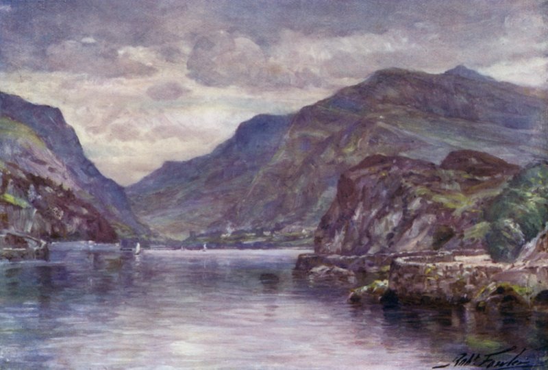 Snowdon Llanberis-järvestä (väri litho) tekijältä Robert (after) Fowler