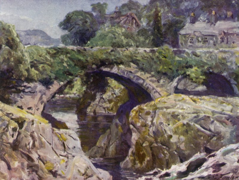 Vanha silta, Bettws-y-Coed (väri litho) tekijältä Robert (after) Fowler