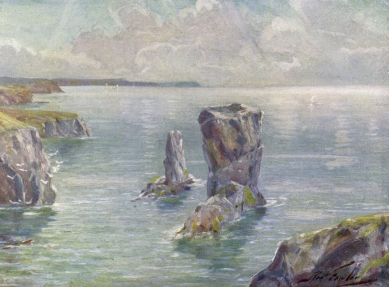 The Stacks, lähellä Tenbyä (väri litho) tekijältä Robert (after) Fowler
