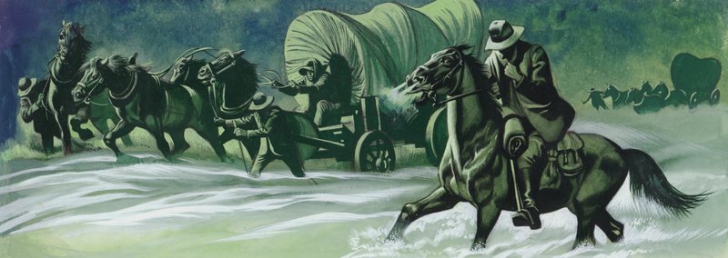 Talvinen vaunujuna (guassi paperille) tekijältä Ron Embleton