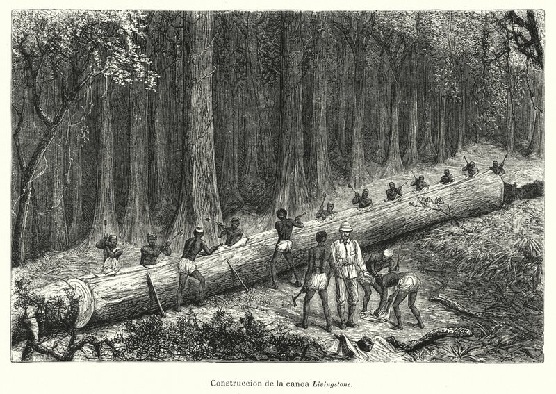 Kanootin rakentaminen Livingstone, Kongo (litho) tekijältä Spanish School