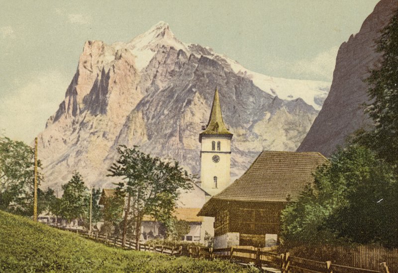 Berner Oberland: Grindelwald ja kirkko (värillinen kuva) tekijältä Swiss Photographer