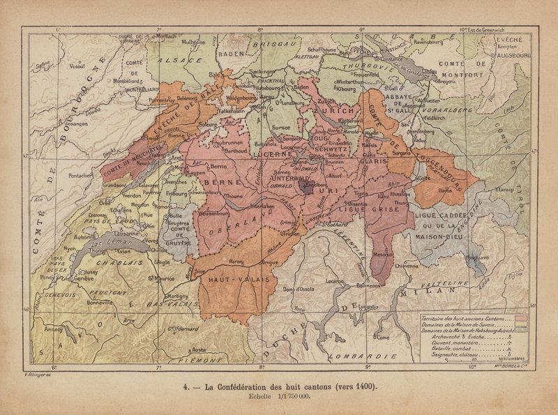 Vanha Sveitsin valaliitto, noin 1400 (värillinen kaiverrus). tekijältä Swiss School