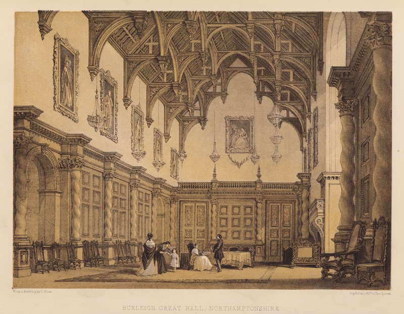Burleigh Great Hall, Northamptonshire (akvatinta) tekijältä Thomas (after) Allom