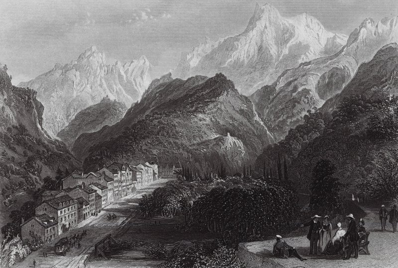 Eaux Bonnes, Pyreneillä (kaiverrus). tekijältä Thomas (after) Allom