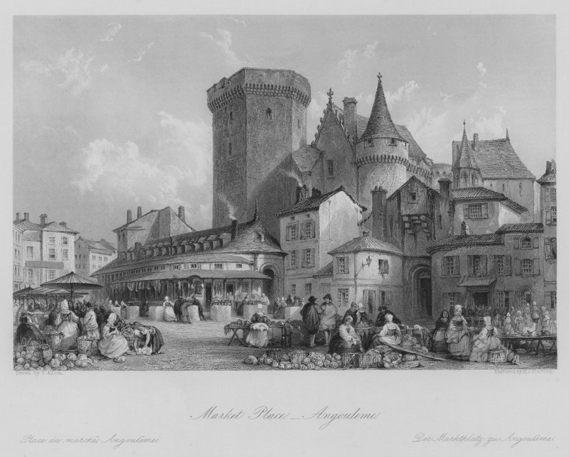 Market Place, Angouleme (kaiverrus) tekijältä Thomas (after) Allom