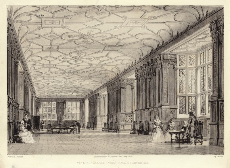 The Long Gallery, Haddon Hall, Derbyshire (litotint) tekijältä Thomas Allom
