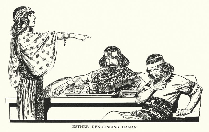 Ester tuomitsee Haamanin (litografia) tekijältä Thomas Heath Robinson