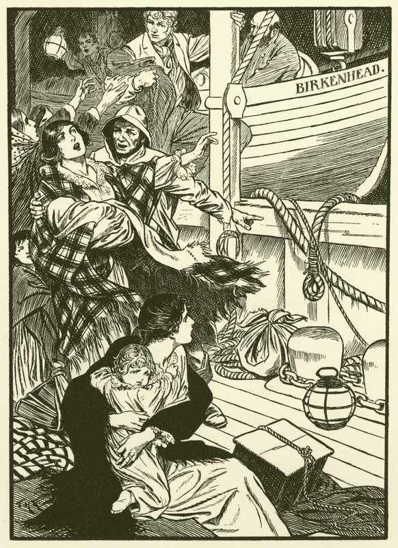 Naisten ja lasten pelastaminen (kaiverrus) tekijältä Thomas Heath Robinson