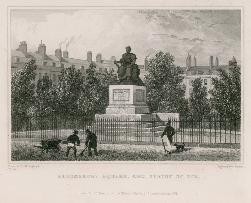 Bloomsbury Square ja Fox-patsas tekijältä Thomas Hosmer Shepherd