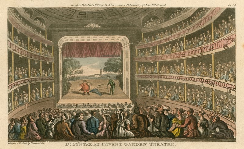 Dr Syntax Covent Garden Theatressa, Lontoossa tekijältä Thomas Rowlandson