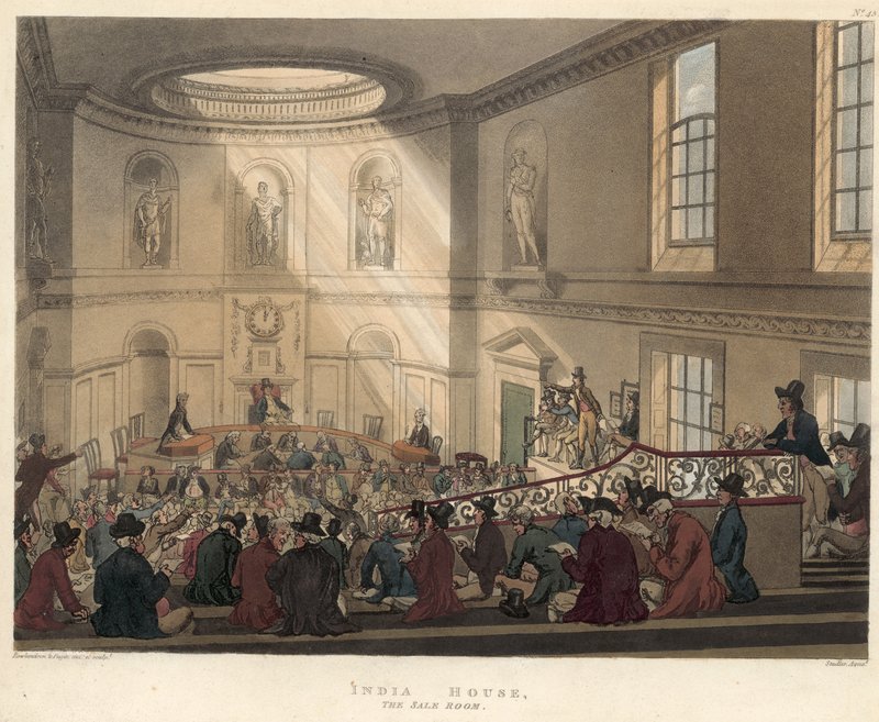 Myyntihuone, Itä-Intian talo tekijältä Thomas Rowlandson