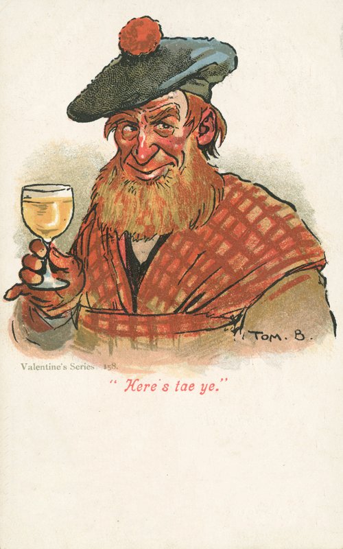 Scotsman nostaa lasia (väri litho) tekijältä Tom Browne