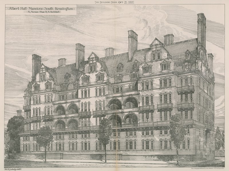Albert Hall Mansions, South Kensington, Lontoo tekijältä Willam Richard Lethaby