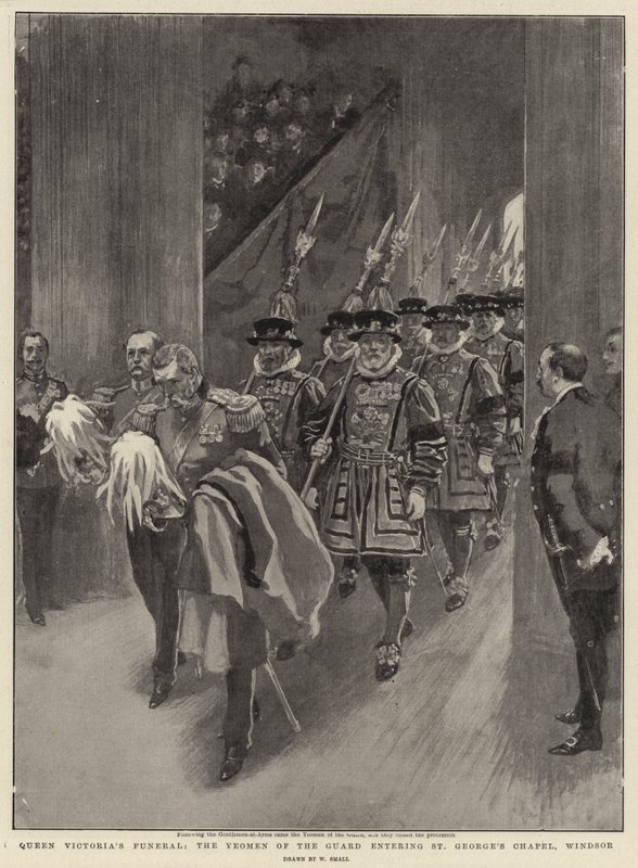 Kuningatar Victorian hautajaiset, vartijan yeomen saapumassa Pyhän Yrjön kappeliin, Windsor tekijältä William Small