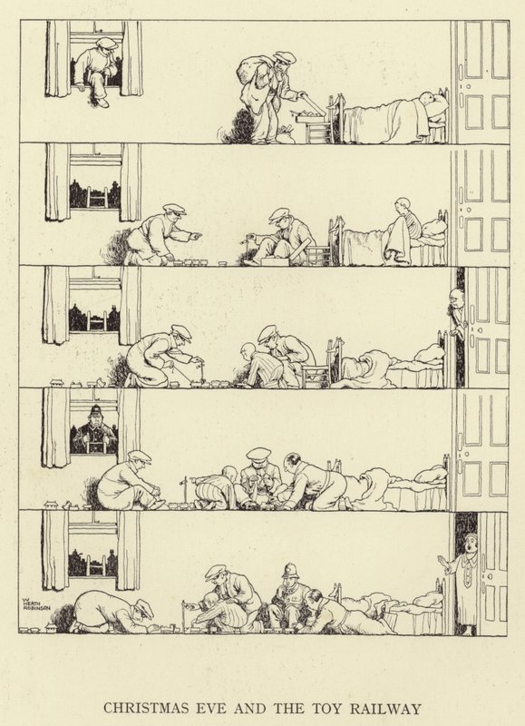 Jouluaatto ja lelurautatie tekijältä William Heath Robinson