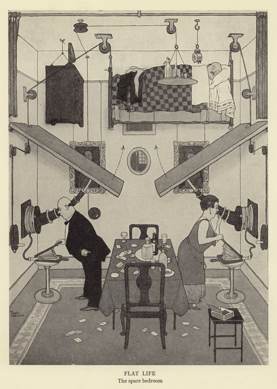 Tasainen elämä, ylimääräinen makuuhuone litho tekijältä William Heath Robinson