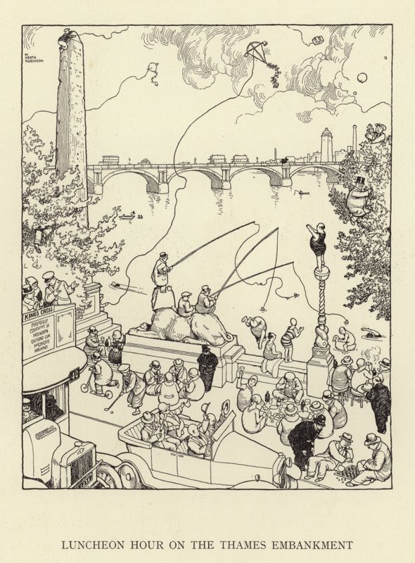 Lounastunti Thames Embankmentillä tekijältä William Heath Robinson