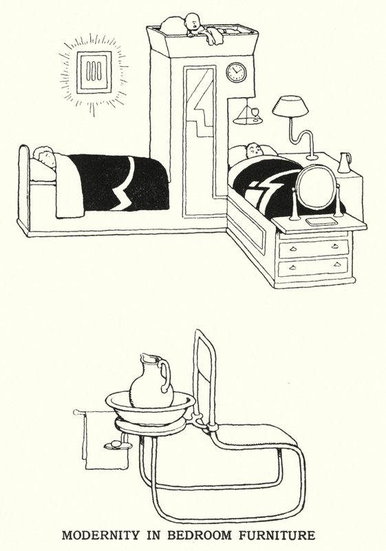 Moderni makuuhuoneen kalusteet (litho) tekijältä William Heath Robinson