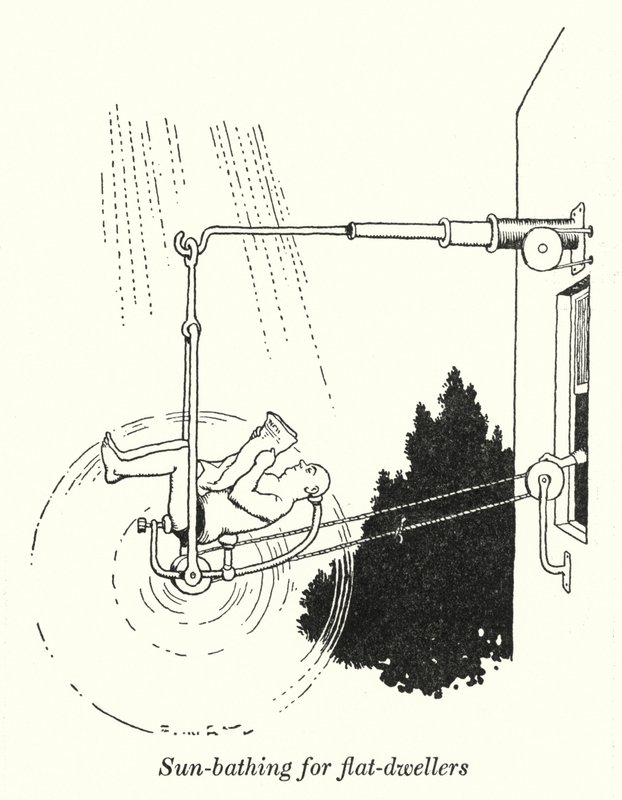 Auringonotto kerrostaloasukkaille (litho) tekijältä William Heath Robinson