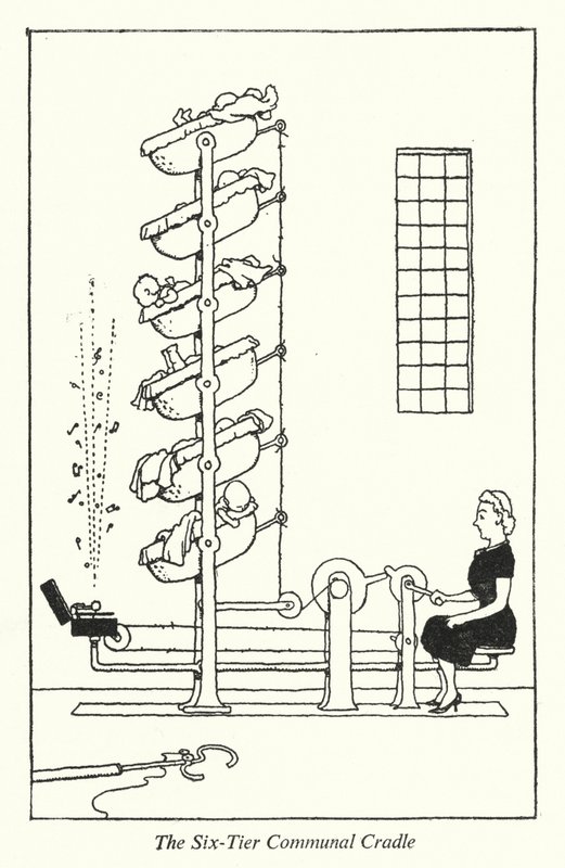 Kuusikerroksinen yhteisöllinen kehto (litho) tekijältä William Heath Robinson