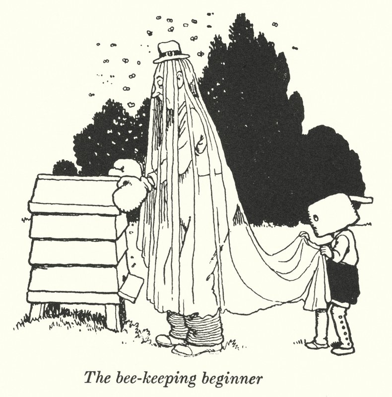 Mehiläishoidon aloittelija (litho) tekijältä William Heath Robinson