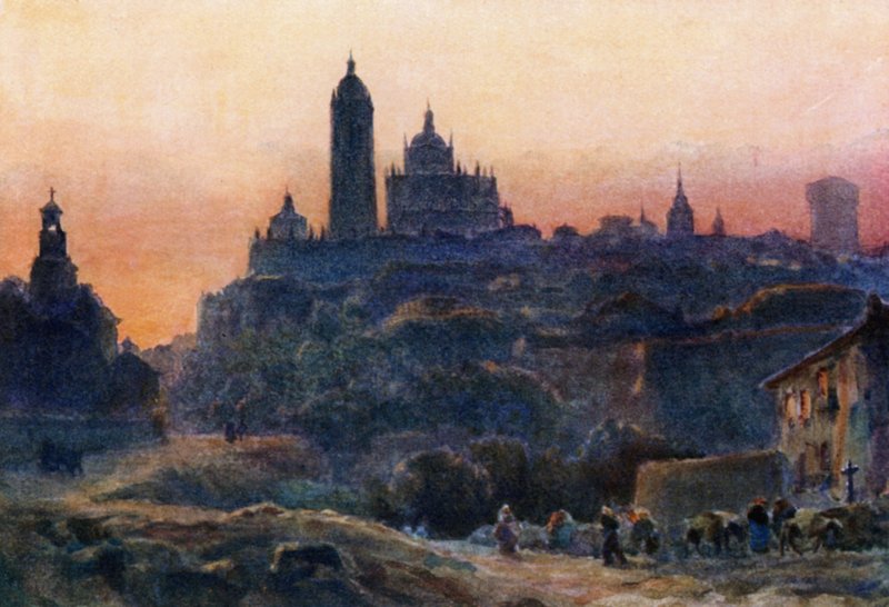 Segovia, auringonlaskun aikaan (väri litho) tekijältä William Wiehe Collins