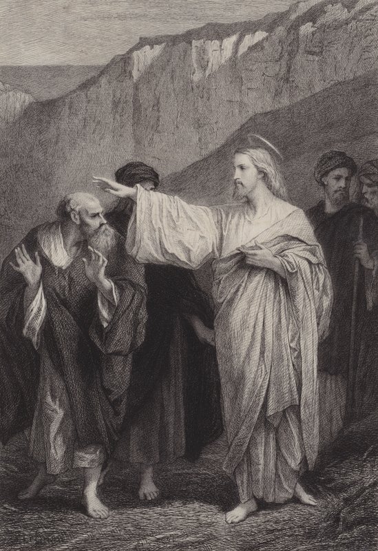 Jeesus antaa Pietarille tehtävänsä tekijältä after Albert Robida